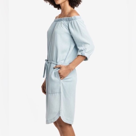 Lolë | Light Blue Denim Jamie Off-Shoulder Blouson Dress NWOT size XS - Picture 14 of 15